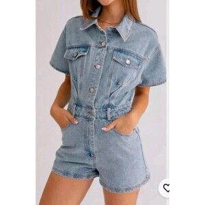 Le Lis Denim MED WASH Blue Jean Romper Shorts Western Coastal Cowgirl Size Large